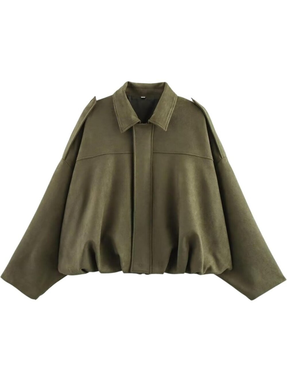 Women's Army Green Faux Suede Long Sleeve Oversized Bomber Jacket Coat